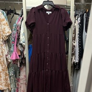 CeCe Button-Front Tiered Maxi Dress in Deep Plum